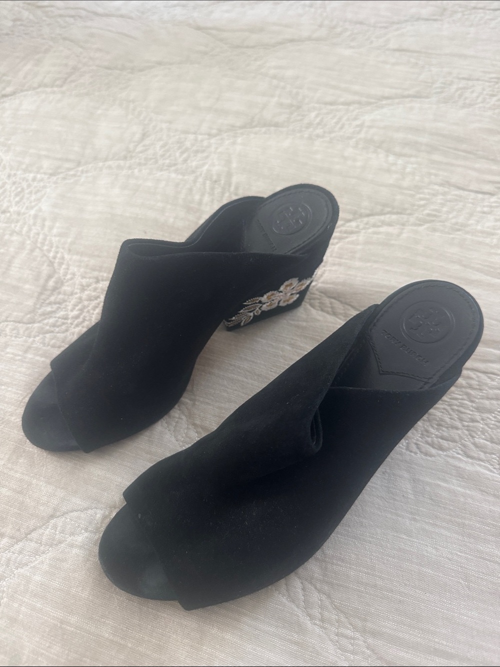 Tory Burch Black Suede Open-Toe Wedge Mules with Embroidered Floral Accent